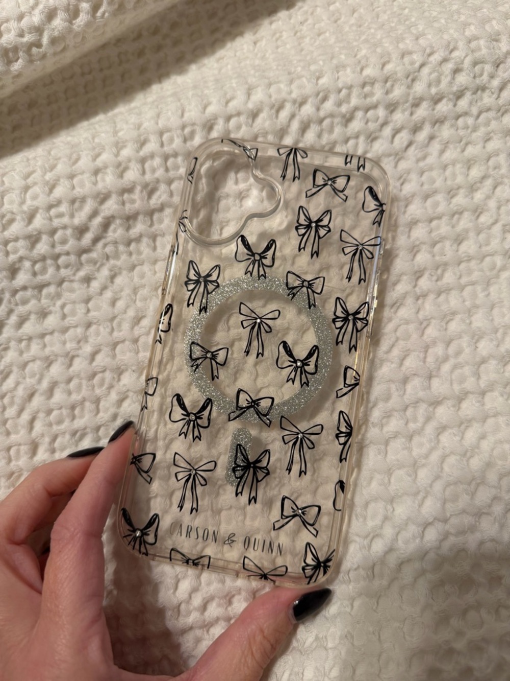 Clear Bow Print Phone Case with Silver Ring IPhone 16 Plus, MagSafe Case!